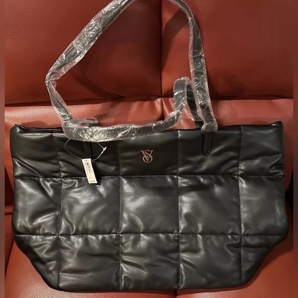 NWT VICTORIA’S SECRET black quilted faux leather tote bag